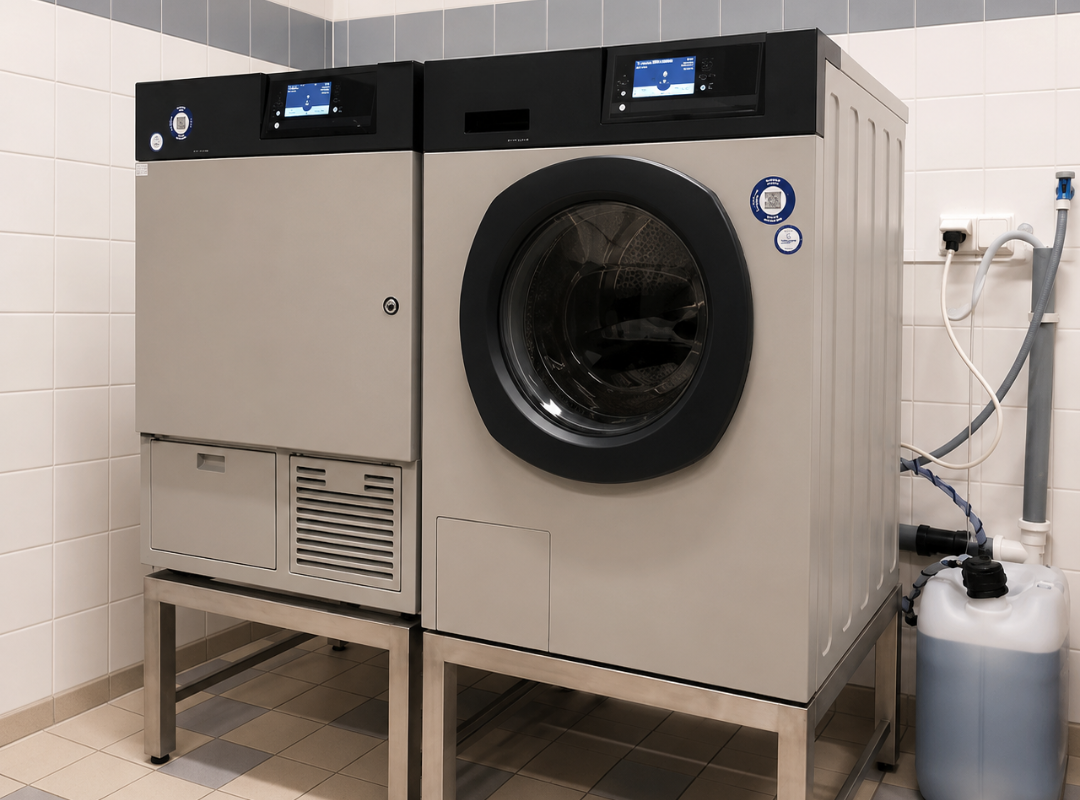 Professionele wasmachine en droger van Rodus in een wasruimte