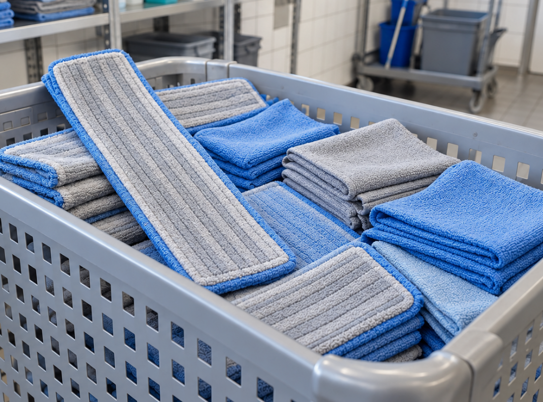 Gewassen moppen en microvezeldoeken in een wasmand